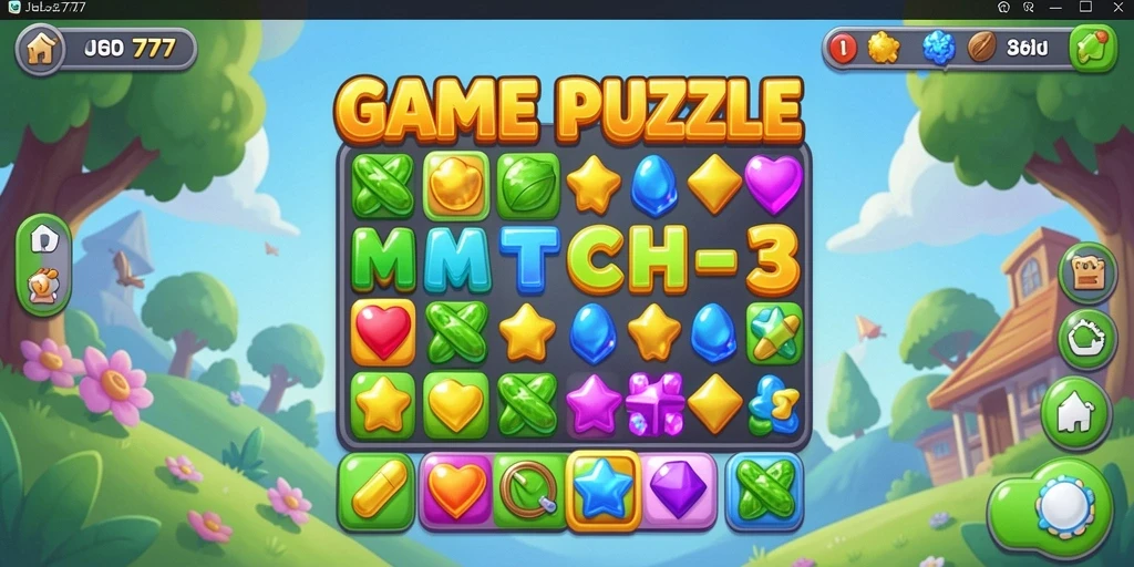 Antarmuka JELAS777 yang menarik dengan elemen Puzzle Match-3 yang penuh warna.