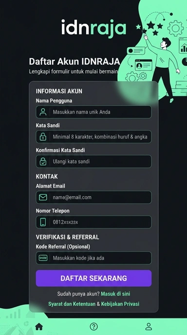 Tampilan halaman daftar idnraja